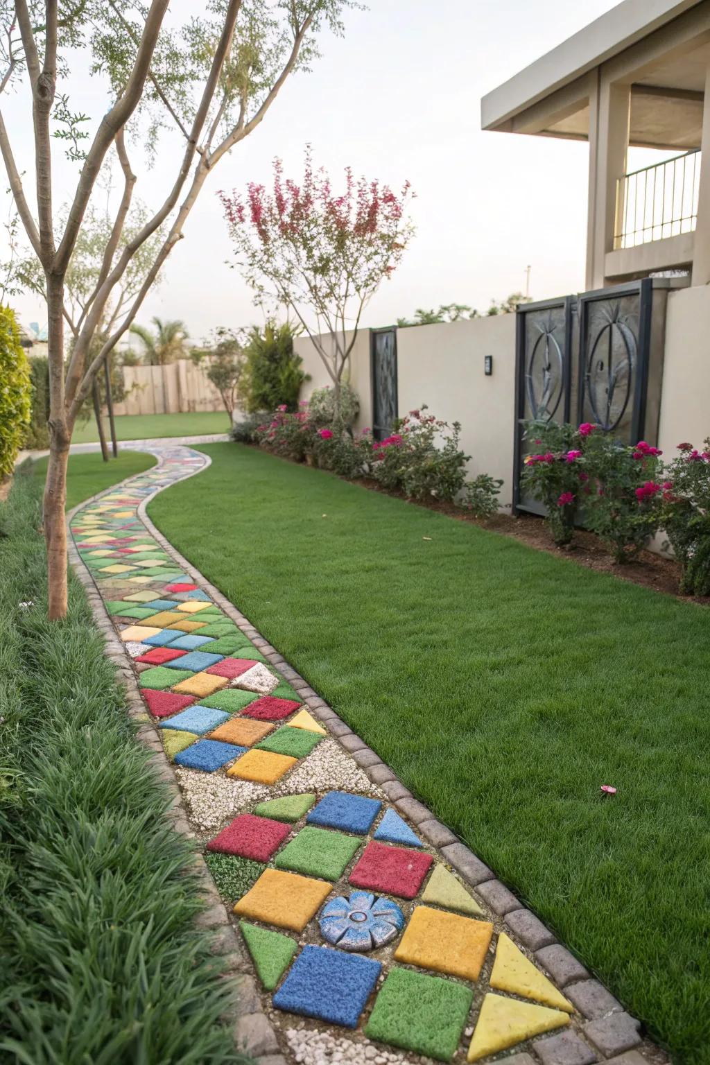 An artistic mosaic path integrated with synthetic turf.