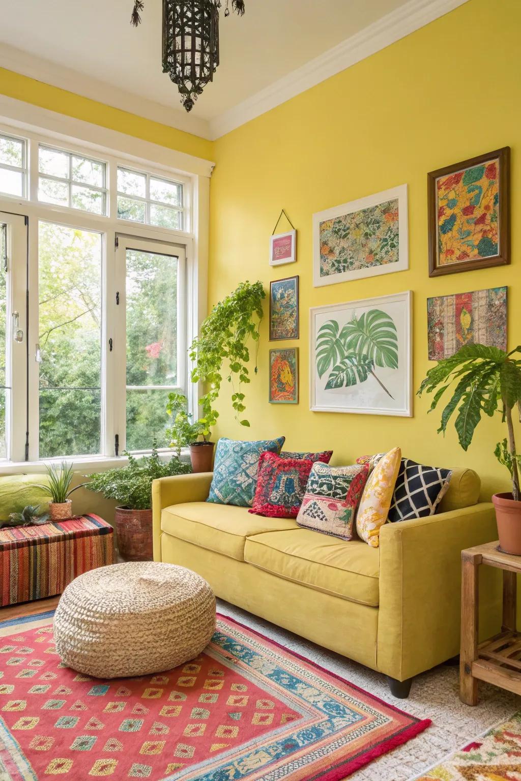 A snug parlor showcasing lemon walls for a fresh burst.