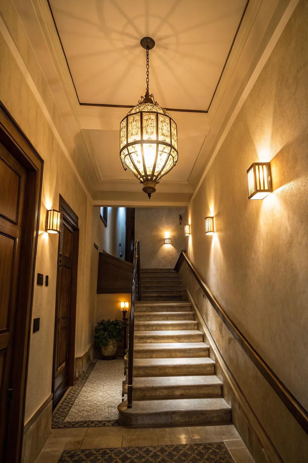 Layered lighting crafts versatile and dynamic small landing areas.