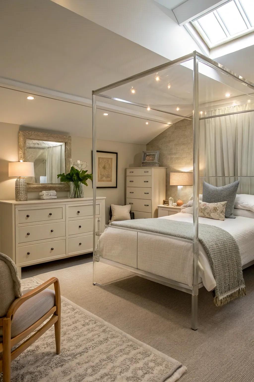 Translucent furnishings maintain an airy ambiance within a compact primary bedroom.
