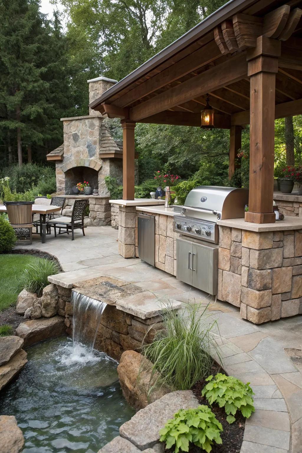The space is made more tranquil and charming by a water feature.