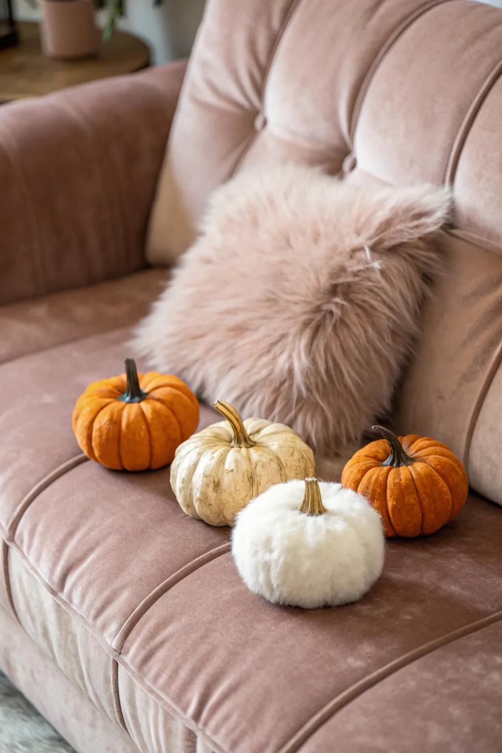Pumpkins covered in plush fabric create an inviting, lavish texture.