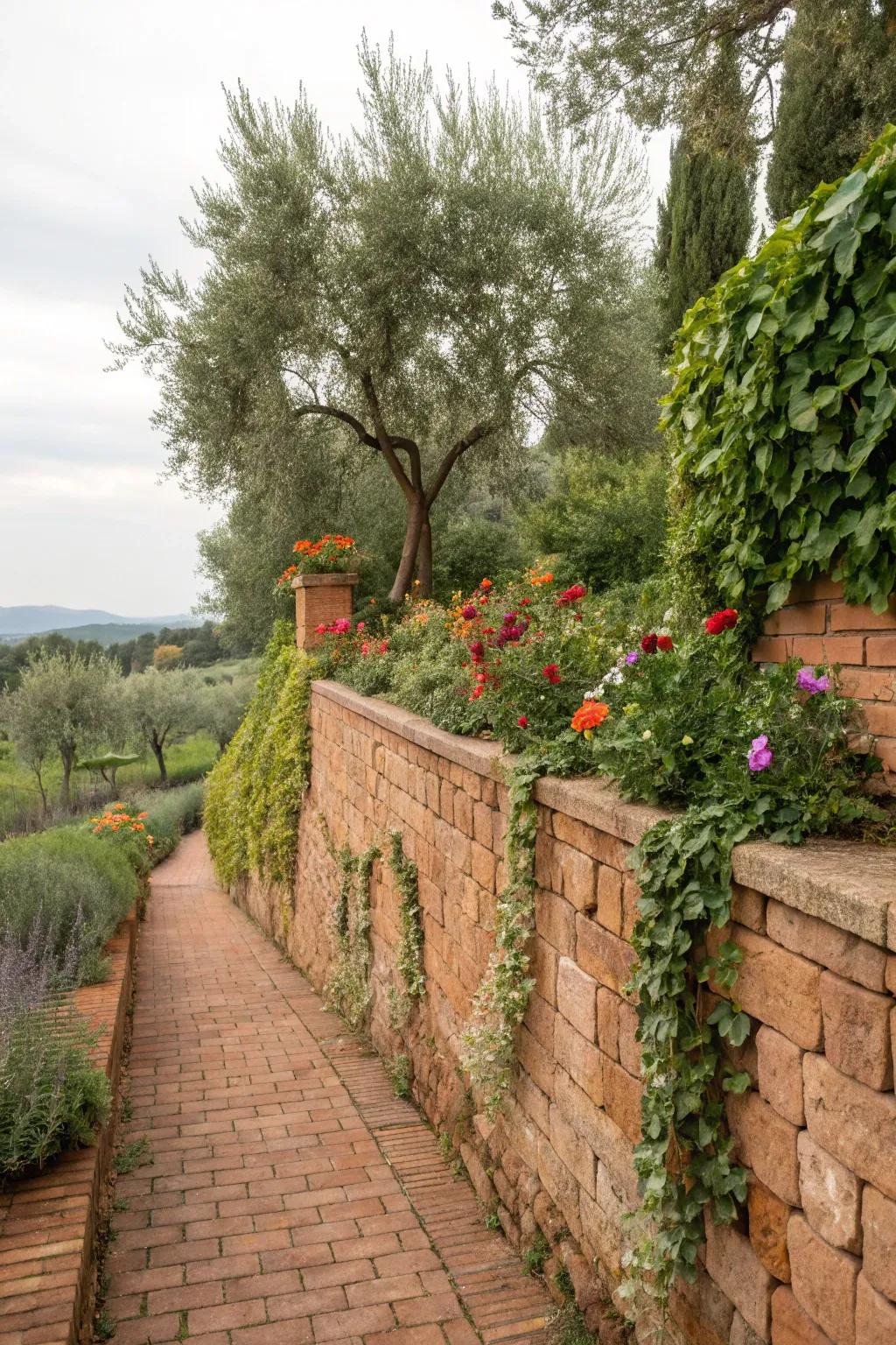 Terracotta bricks infuse a warm, Mediterranean sentiment into supporting partitions.