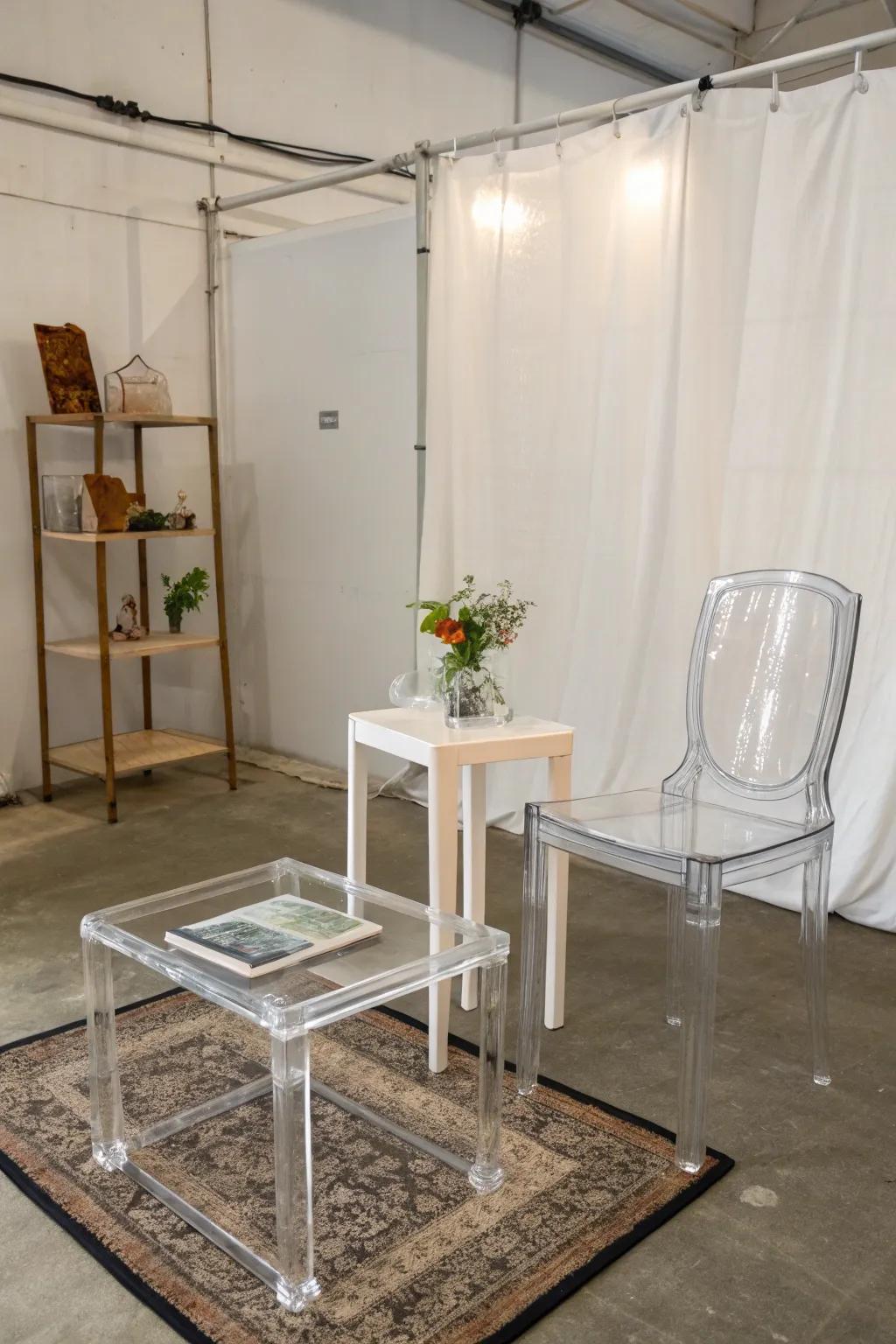 Transparent furniture creates an open and airy atmosphere.