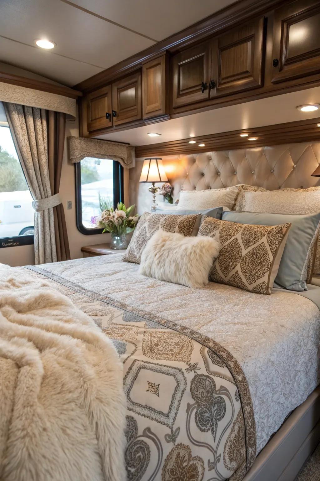 Luxurious bedding turns your RV into a sanctuary, ensuring restful nights and cozy mornings.