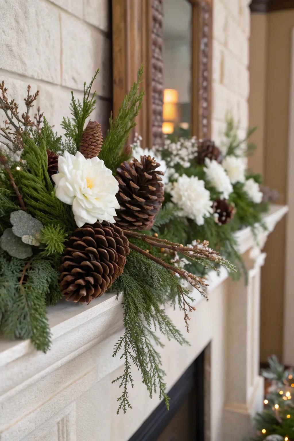Conifer cones and evergreens form a cozy winter scene at home.