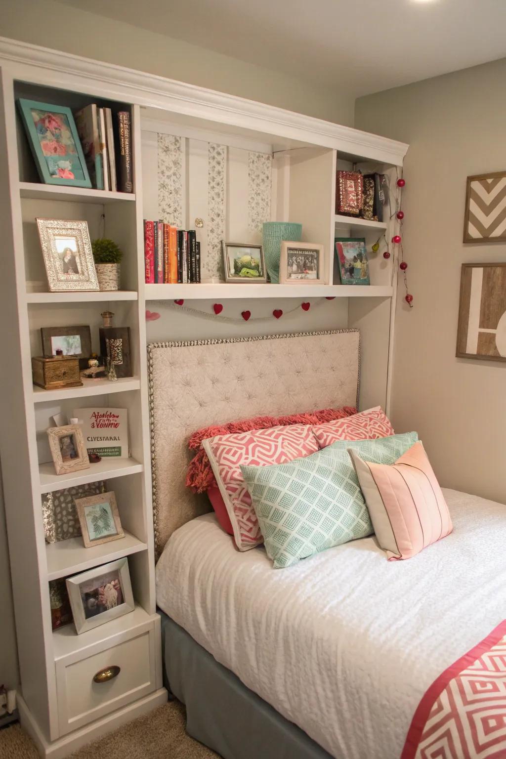 A tailored headboard adds a personal and functional touch to the space.