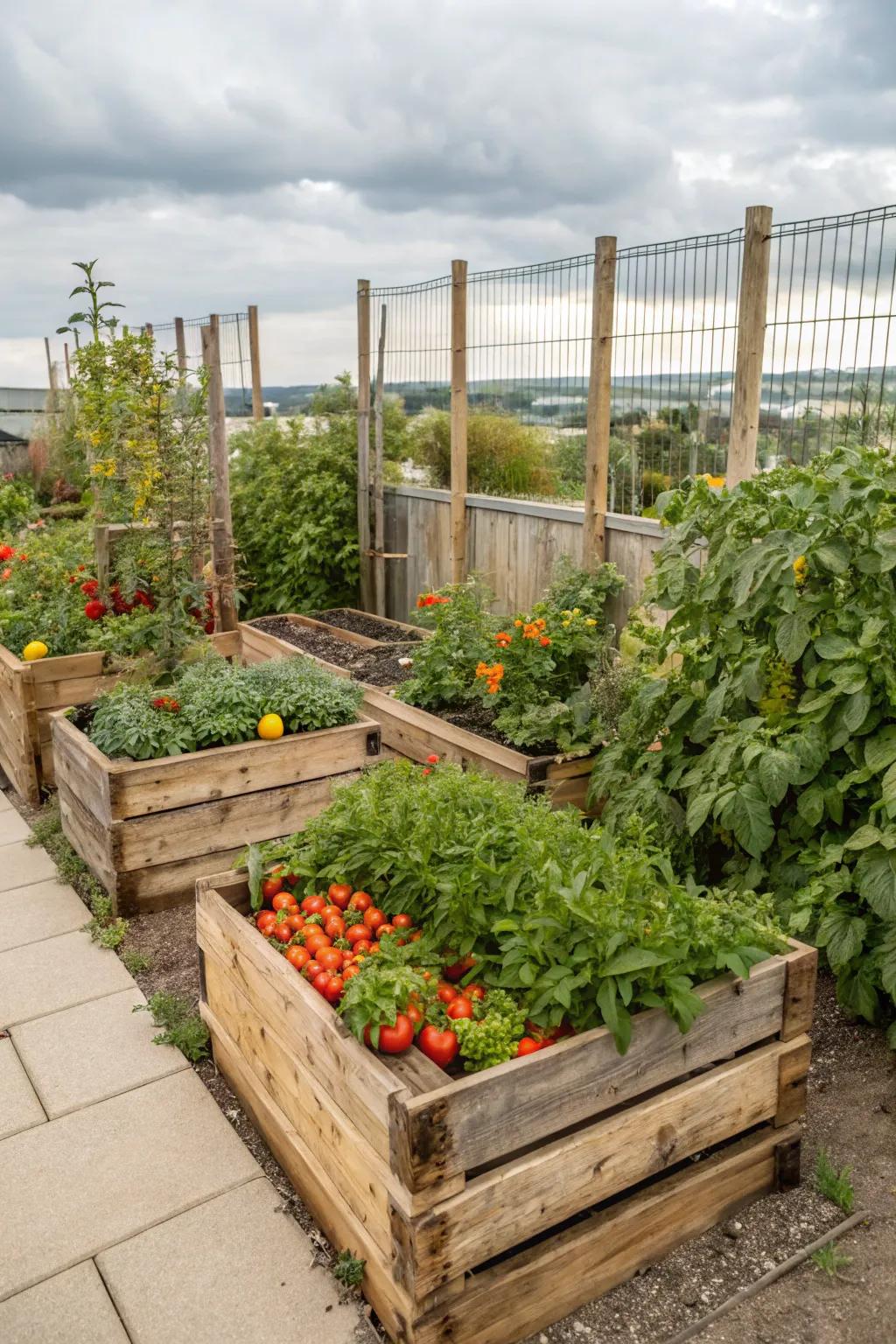 Planters crafted from reclaimed timber extend a rustic and sustainable gardening modality.
