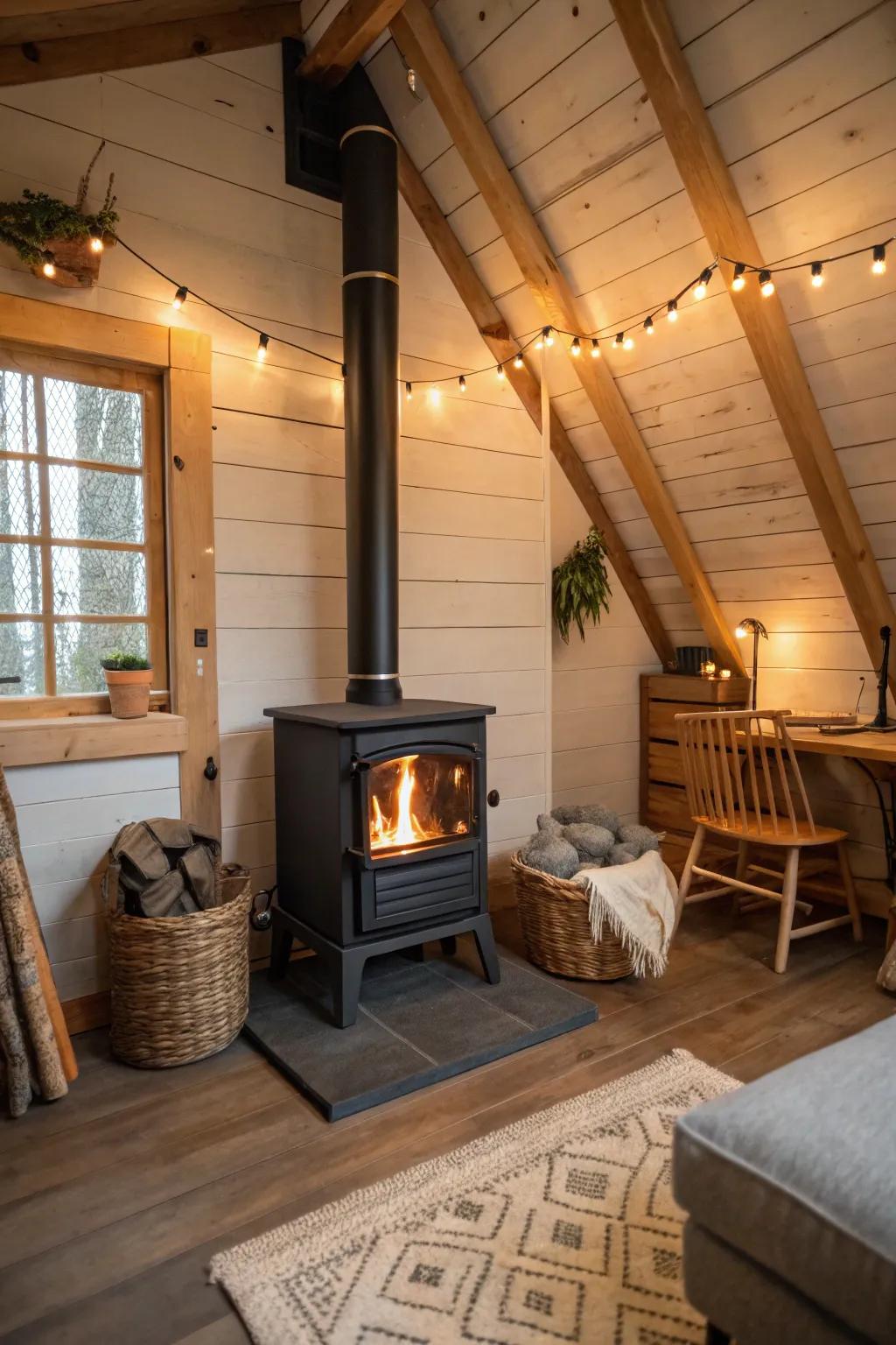 A streamlined timber heater within a loft offers a snug and warm retreat.