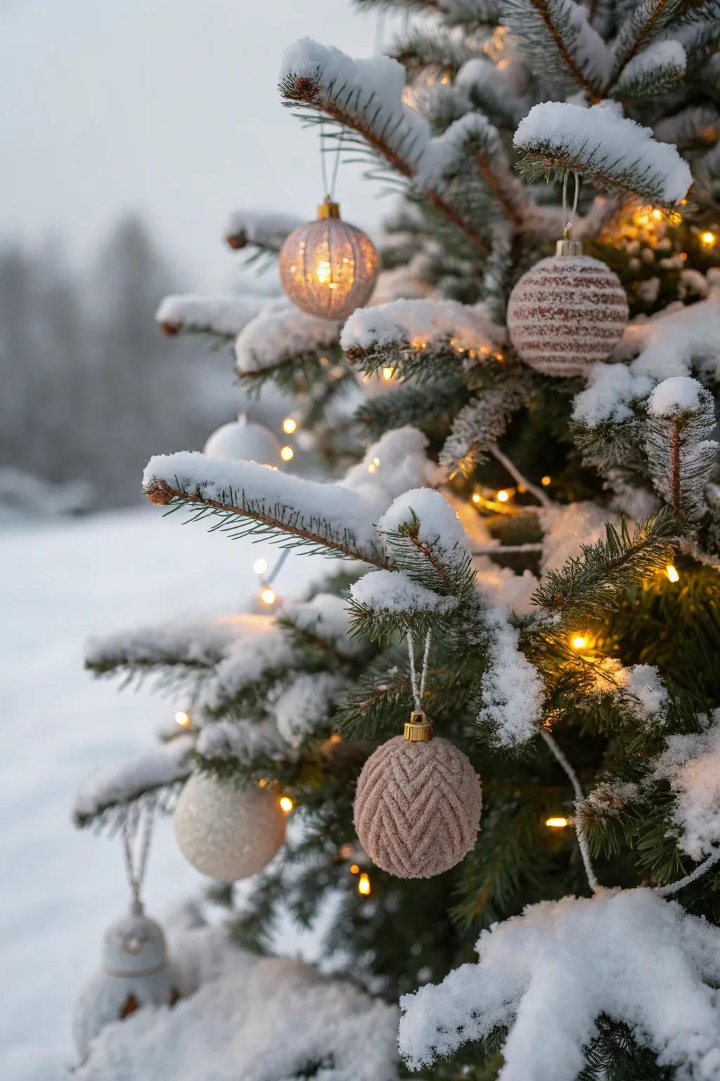 Snug knit touches adding warmth to a snowy Christmas tree.