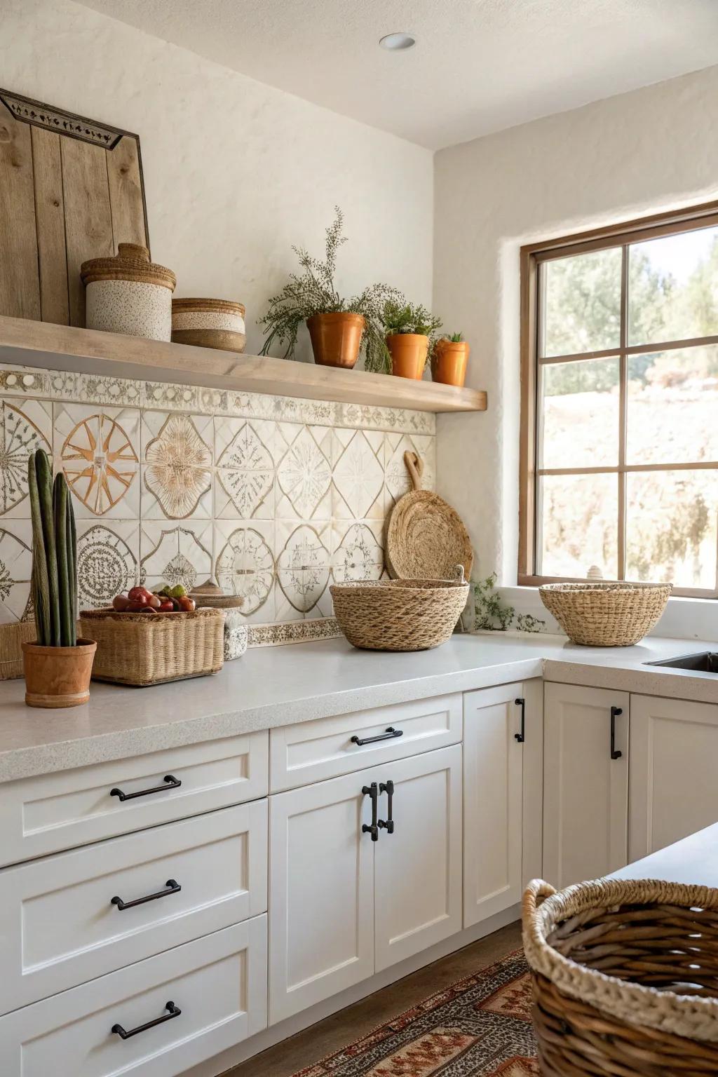 Minimalist tiles with a hint of Southwest flair proffer a pristine, refined style.
