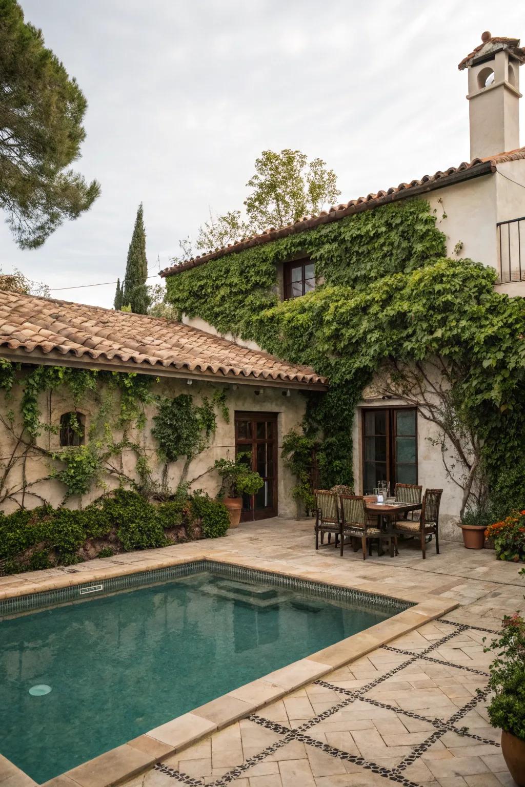 Creeper-covered walls contribute a lush, organic touch to this Spanish-style sanctuary.