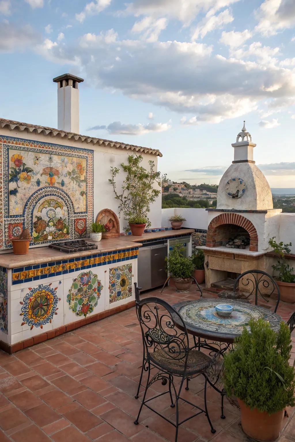 Beautiful mosaic art adds a colorful and personal touch to this open-air cooking area.