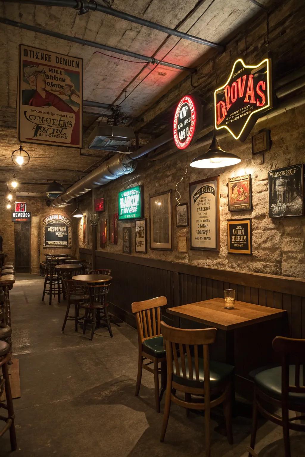 Vintage signage enhances the authentic feel of your speakeasy.