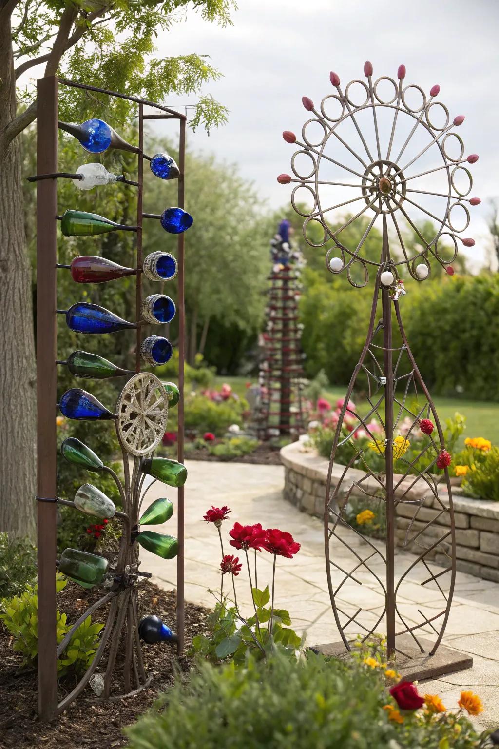 Repurposed materials add creativity and charm to garden art projects.