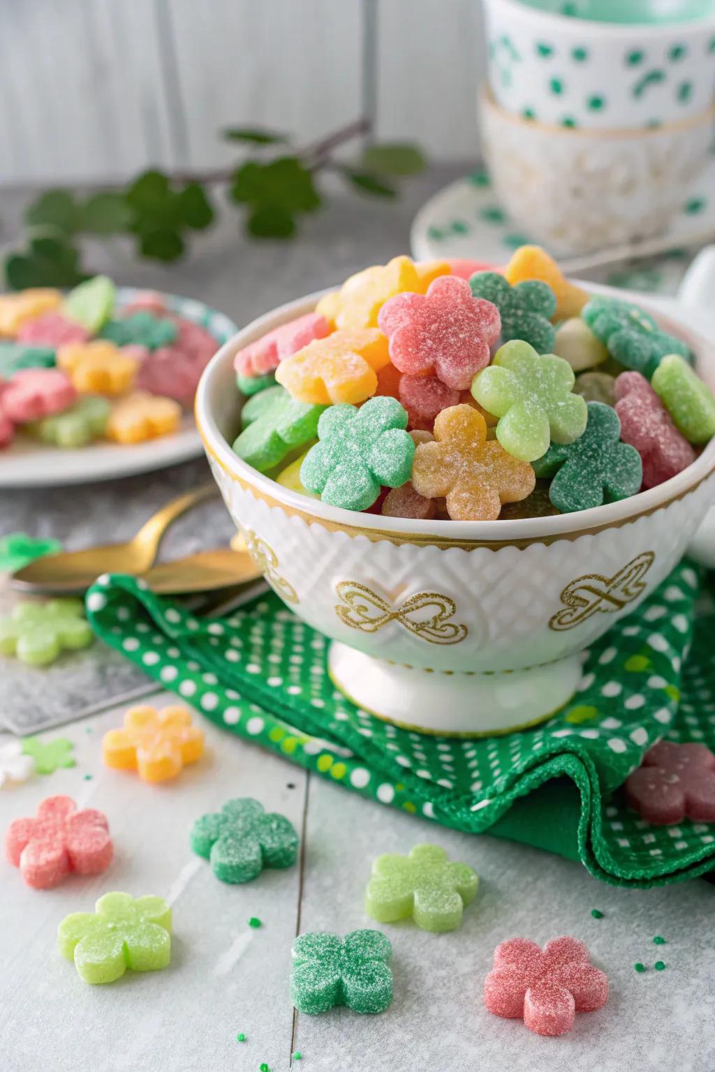 Candied shamrocks add a sweet, colorful touch to your centerpiece.