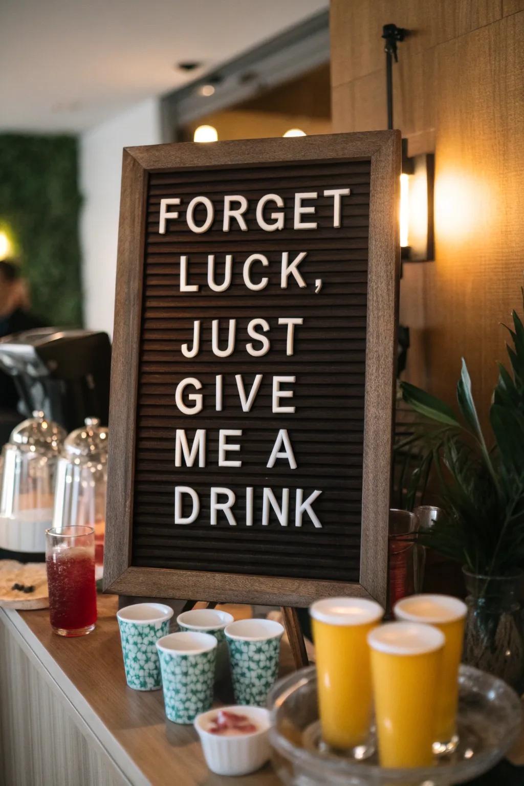 A humorous changeable message display for those who prefer drinks over luck on St. Patrick's Day.