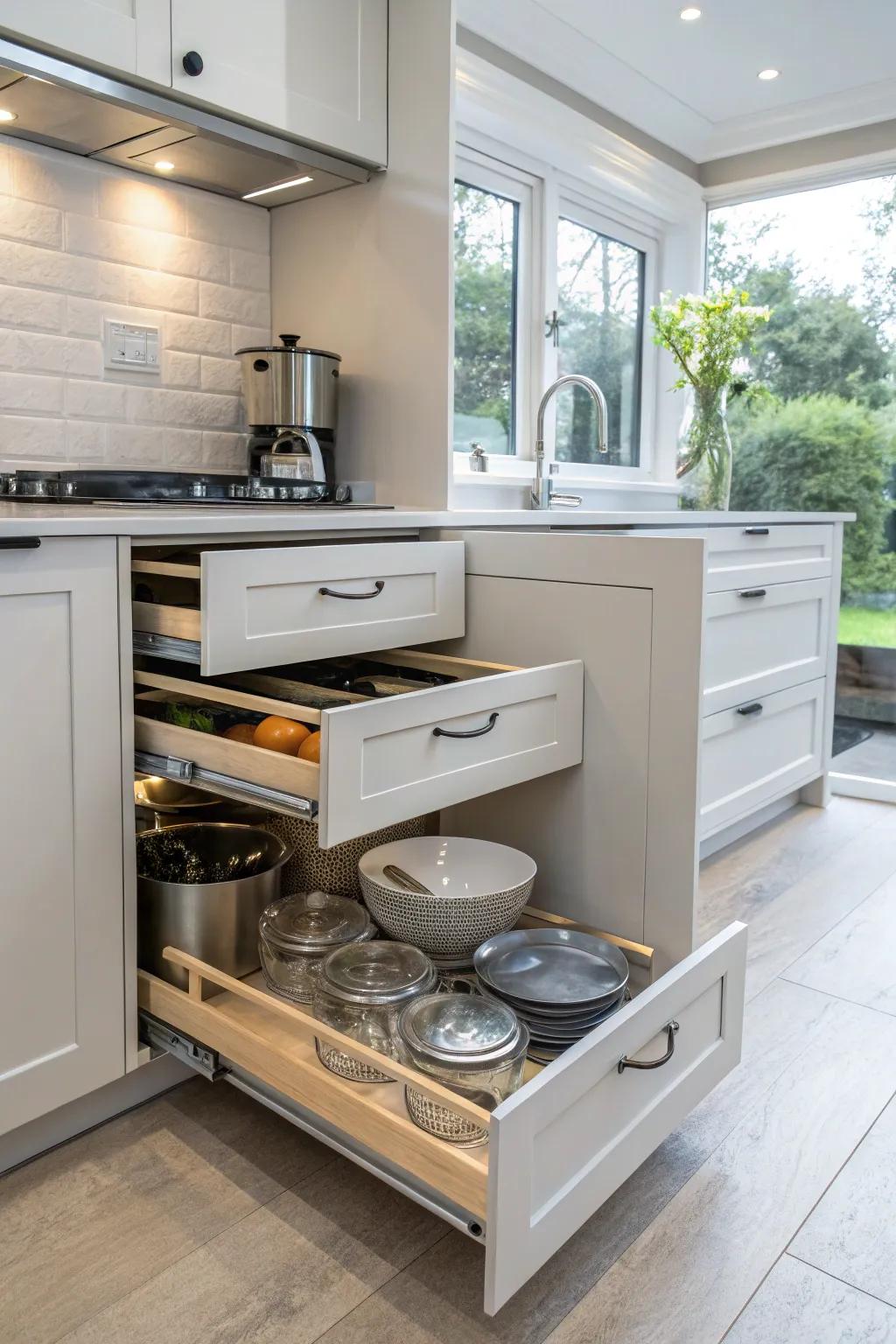 Smart storage solutions take full advantage of area and ease of access in high cabinets.