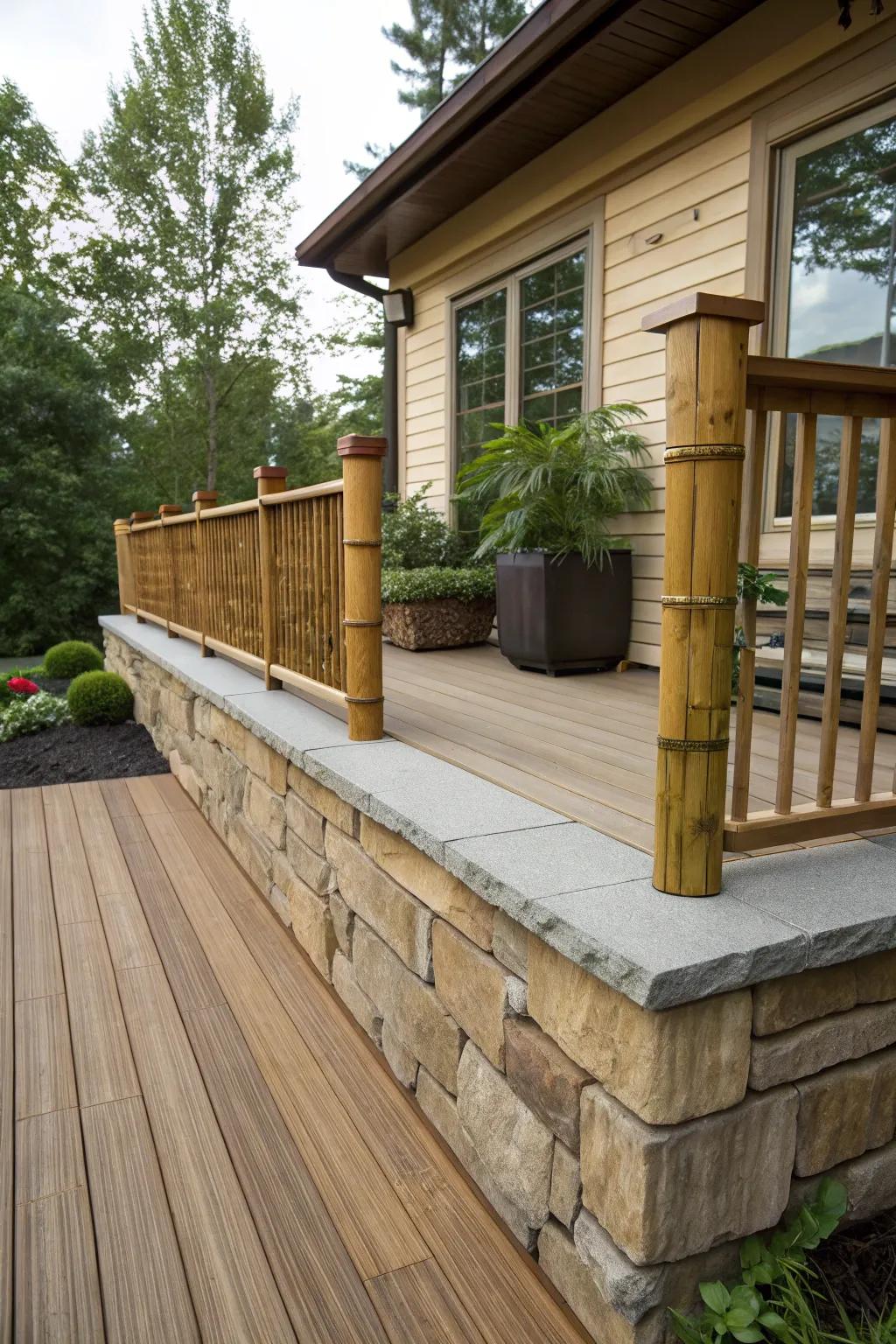 A tranquil deck with a harmonious blend of rock and bamboo trim.