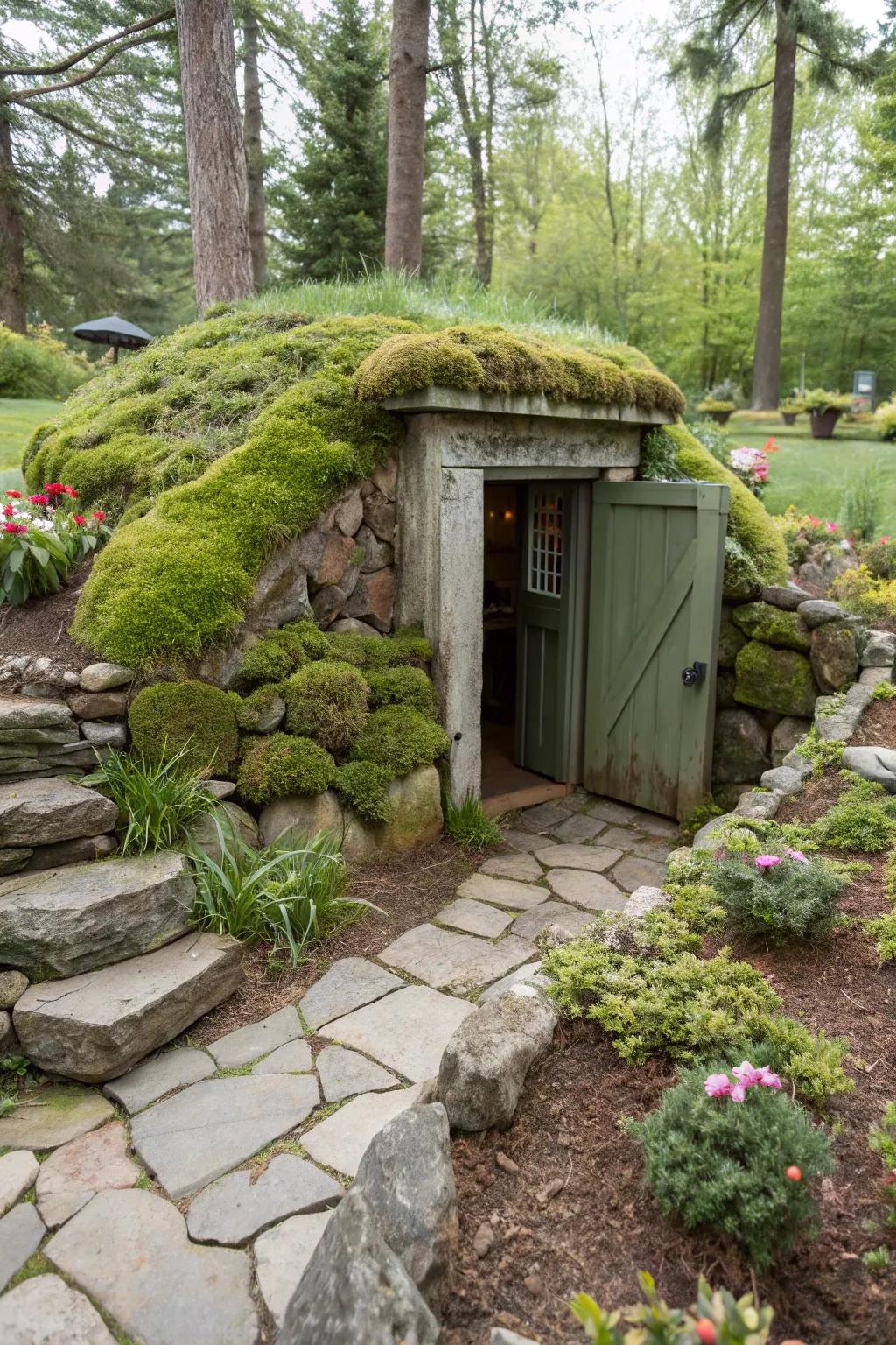 Mossy embellishments introduce a magical, forest-like sensation to your storm shelter.