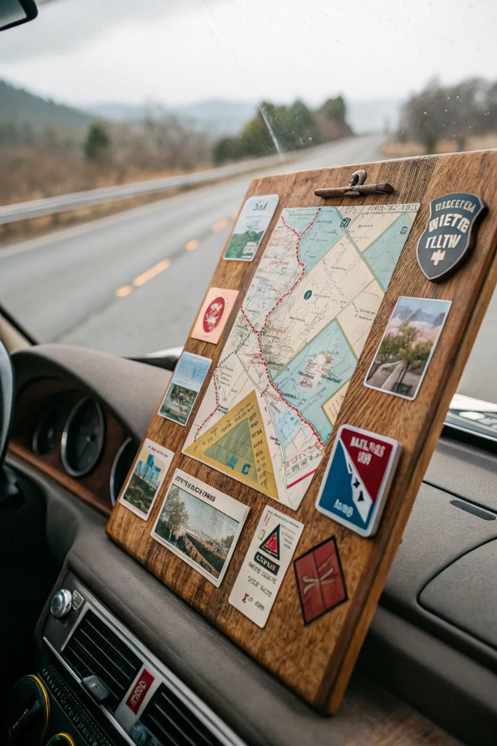 A bulletin board capturing the center of a summertime road-tripping using maps and icons.