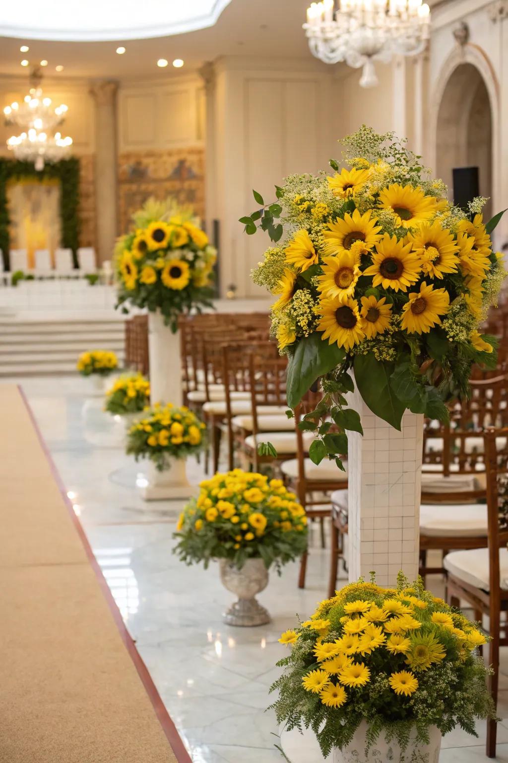 Sunflower arrangements beautifully enhancing the ceremony space.