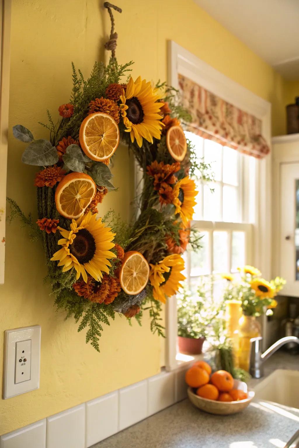 A burst of citrus charm with sunflowers and dried oranges.