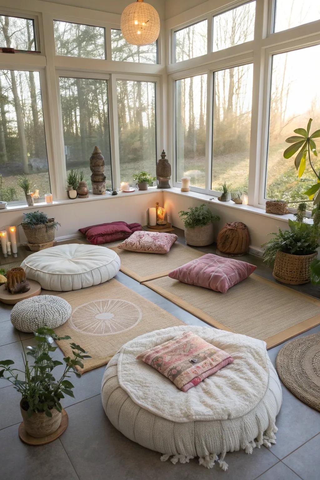 A mindfulness area offers tranquility in the sunroom.