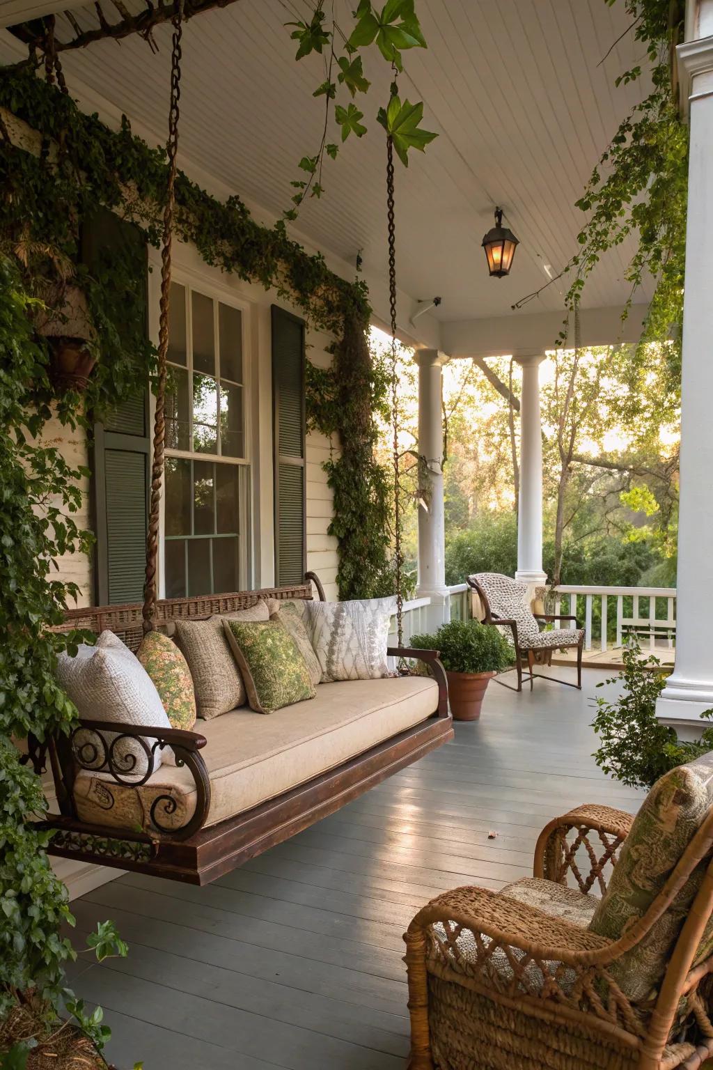 A mahogany porch swing brings timeless elegance to any home.