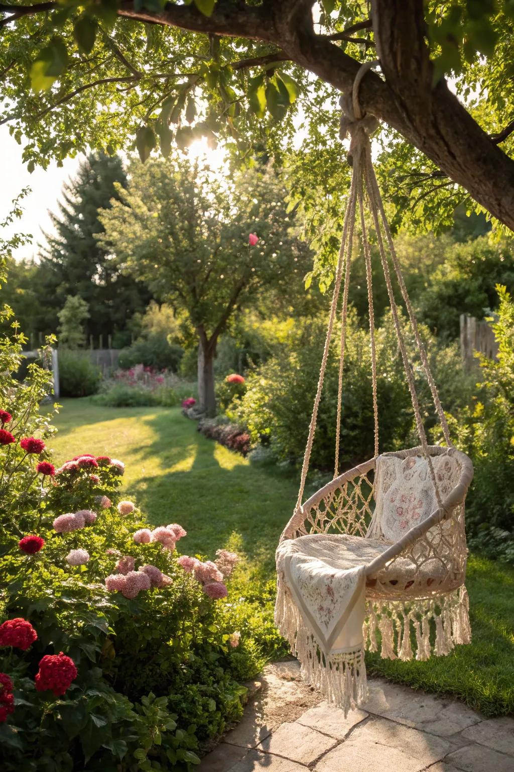 A knotted thread swing introduces artistic flair to this garden scene.