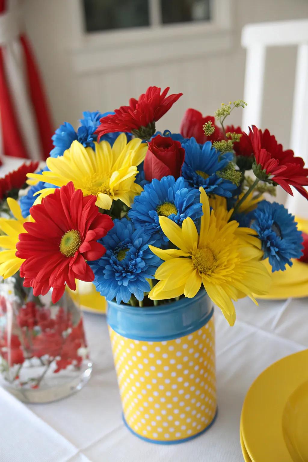 A daring centerpiece showcasing a burst of core-hued blooms.