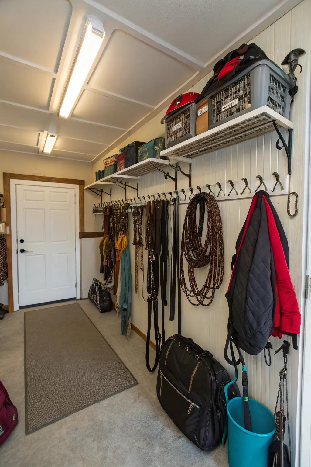 Vertical space maximized in a tack room for further storage.