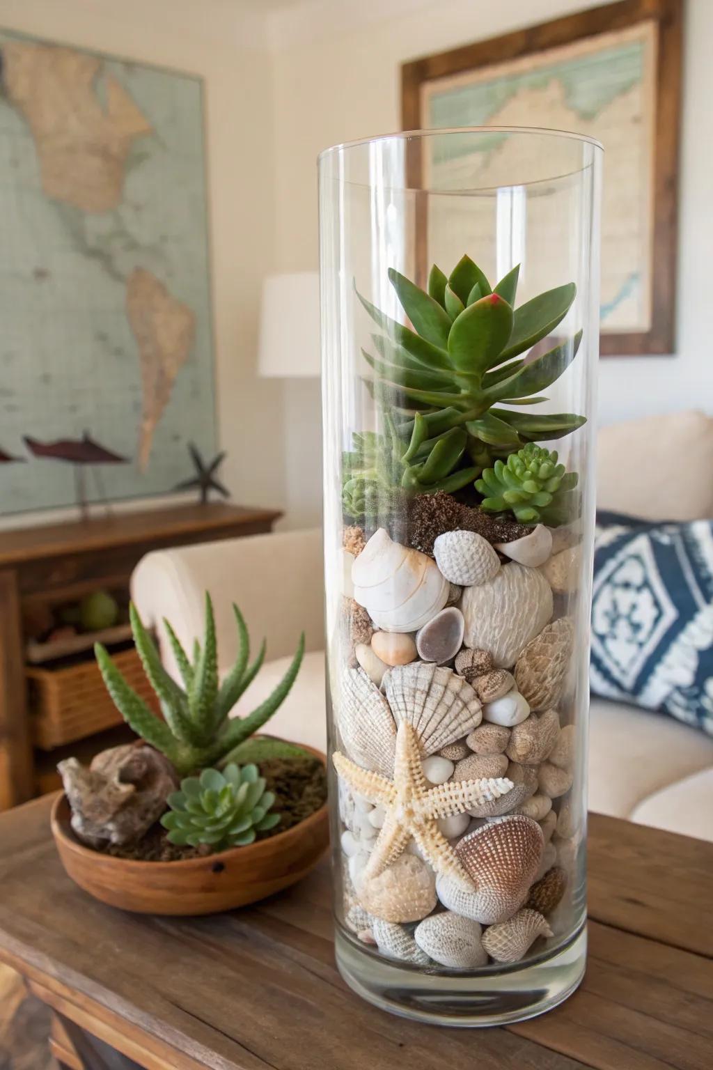 An elevated glass vase brimming with seashells and succulents, thereby augmenting a coastal-themed interior.