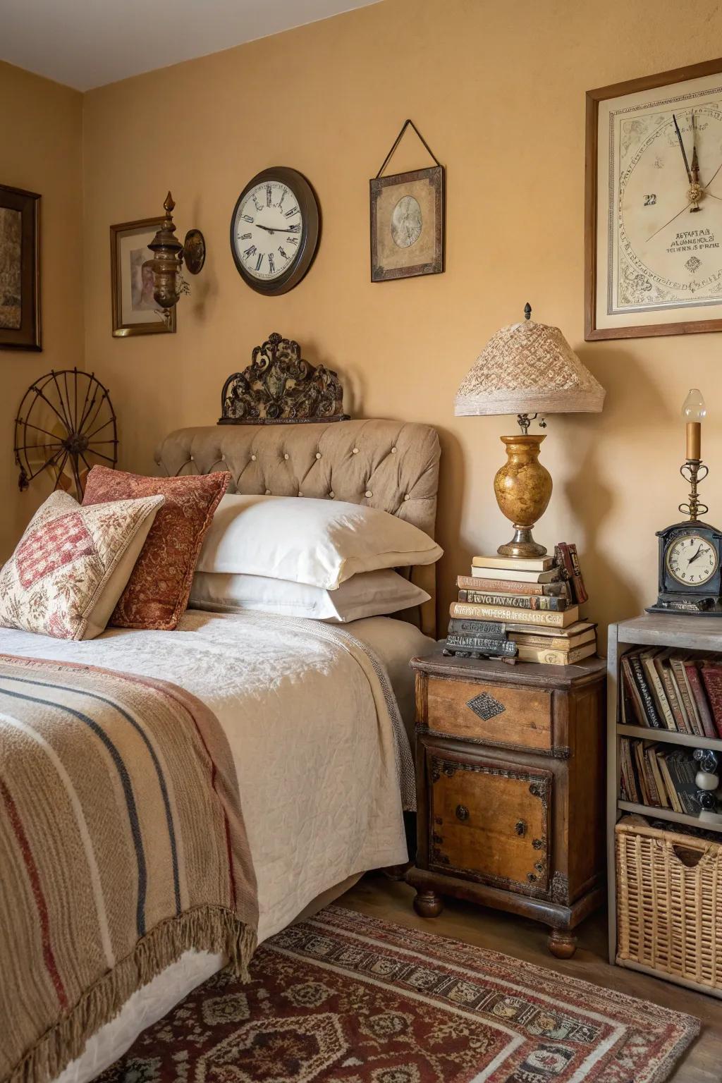 Vintage pieces affix charm to the tan room.