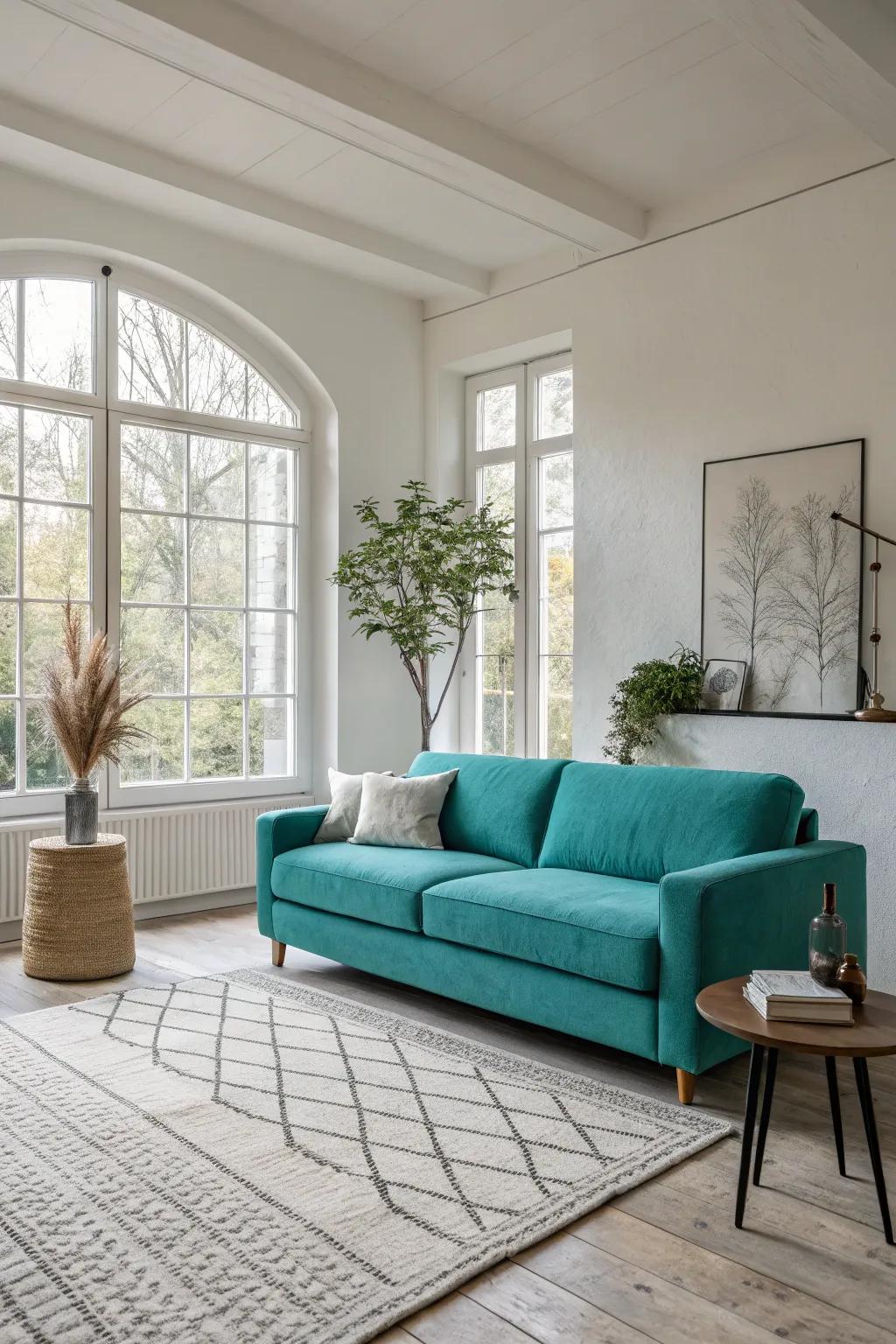 A minimalist approach accentuates the beauty of a teal settee.