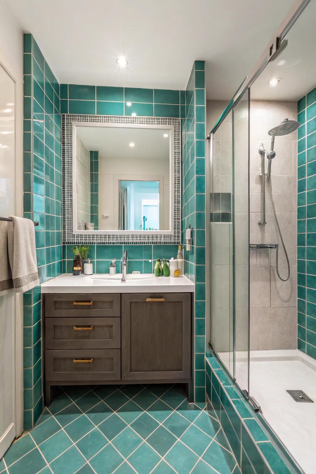Teal tile borders incorporate definition and elegance to your bathing space.