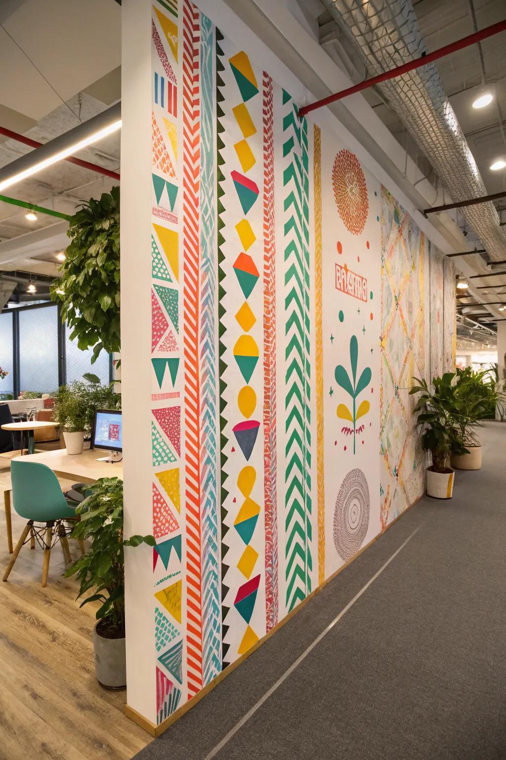 Decorative masking tape adds vibrant patterns to a temporary wall, enhancing creativity.