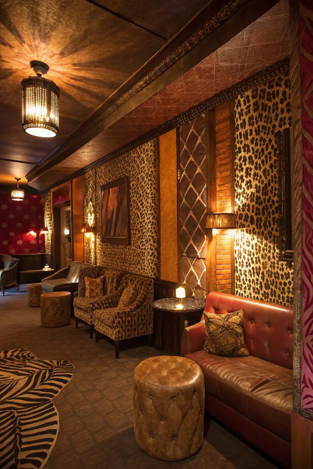 A chic lounge showcasing faux animal skin textured walls.