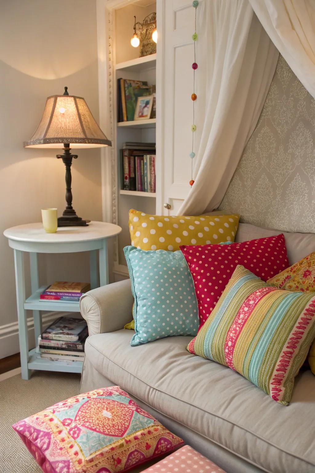 A snug and welcoming corner with a cozy cushion arrangement.