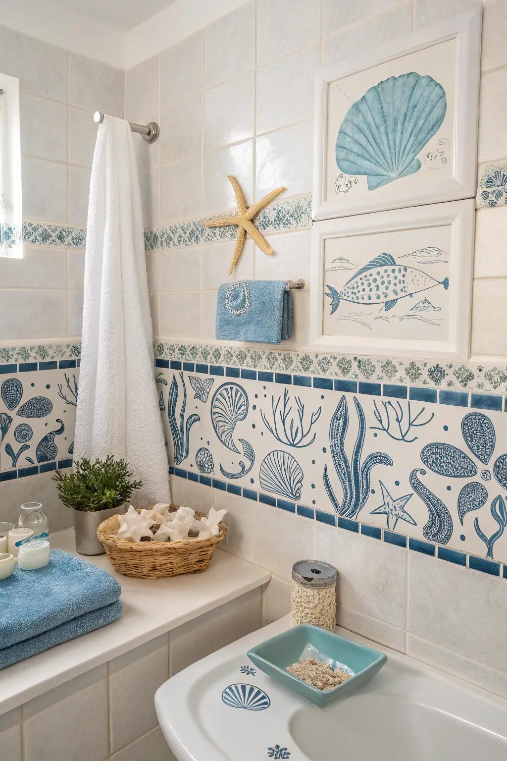 Carry coastal ambiance throughout your home utilizing themed tiles.