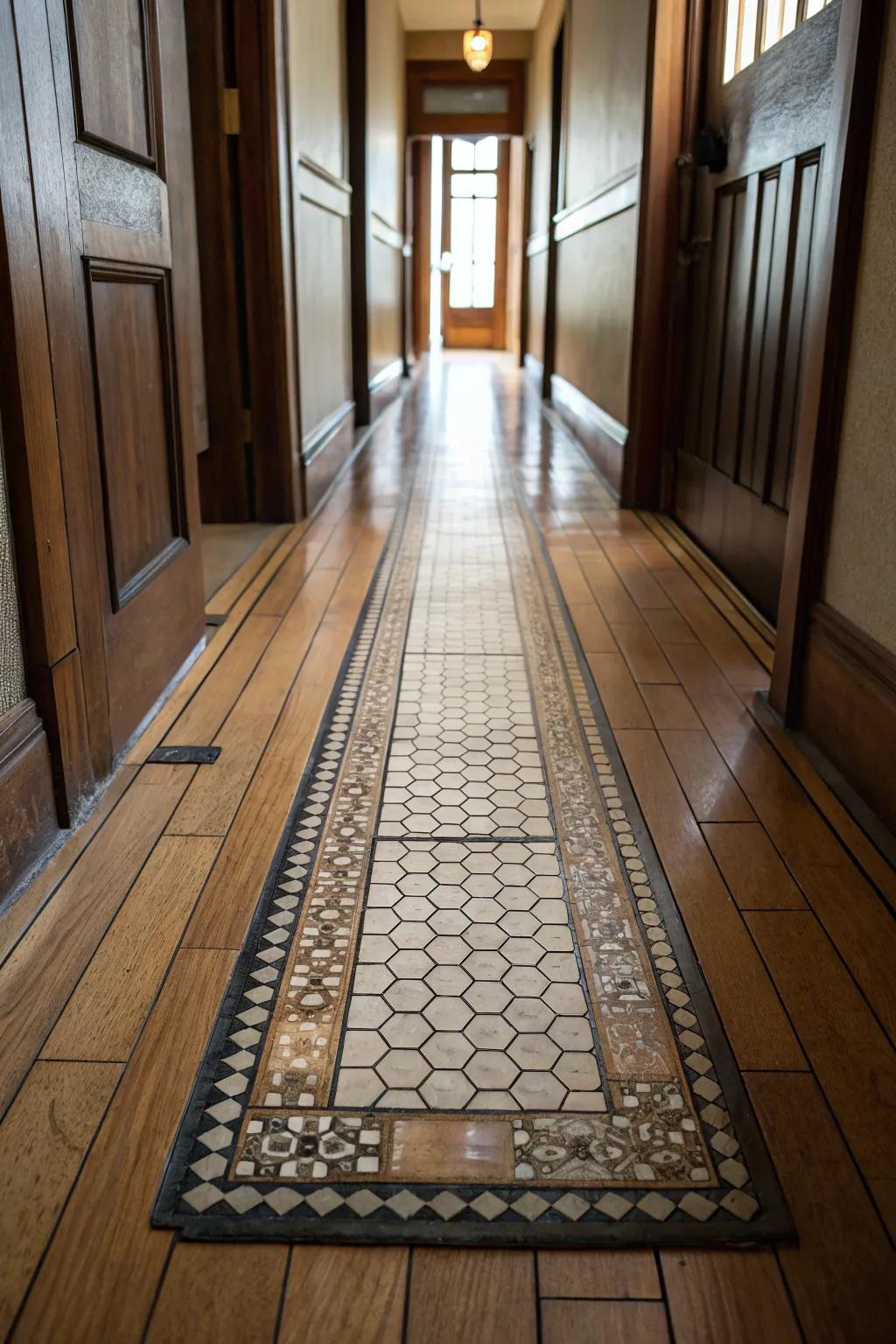 A tiled doormat creates a practical transition into a wooden floor.