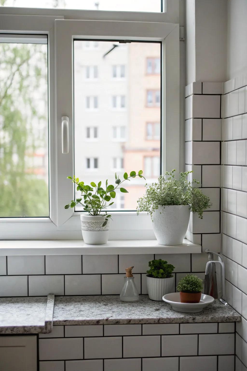 Subway tiles provide a clean, simple, and budget-friendly solution for this cooking area windowsill.