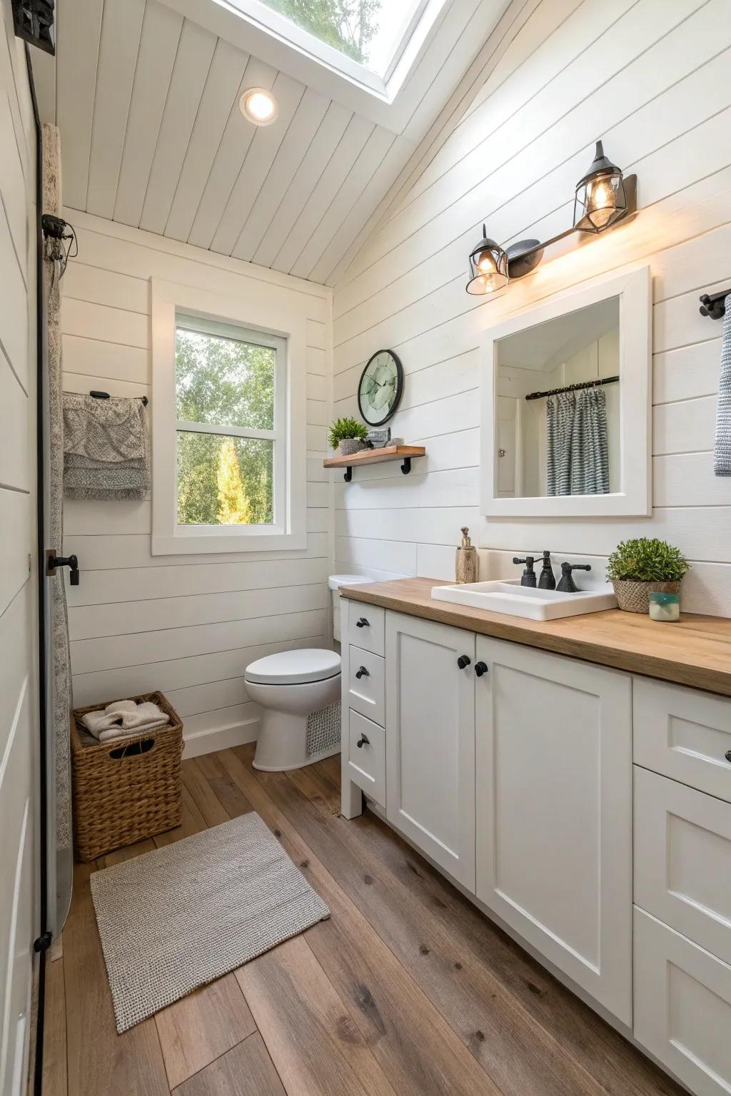 A light color scheme enhances spaciousness in this compact bathroom.