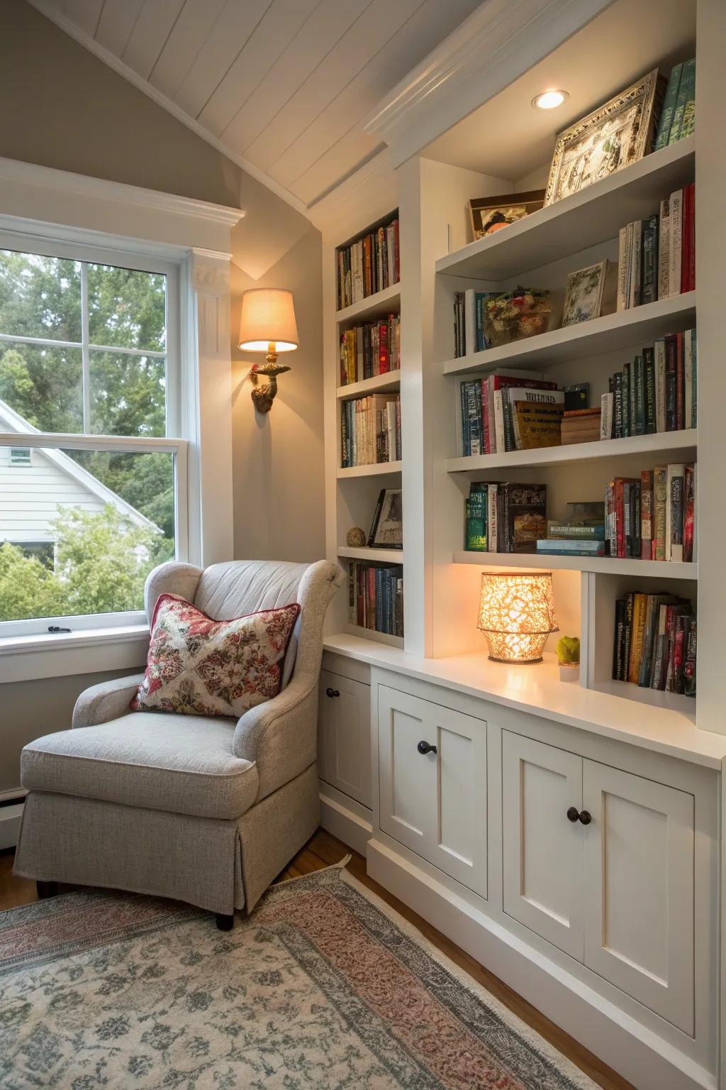 A snug reading alcove showcasing integrated storage within a petite dwelling