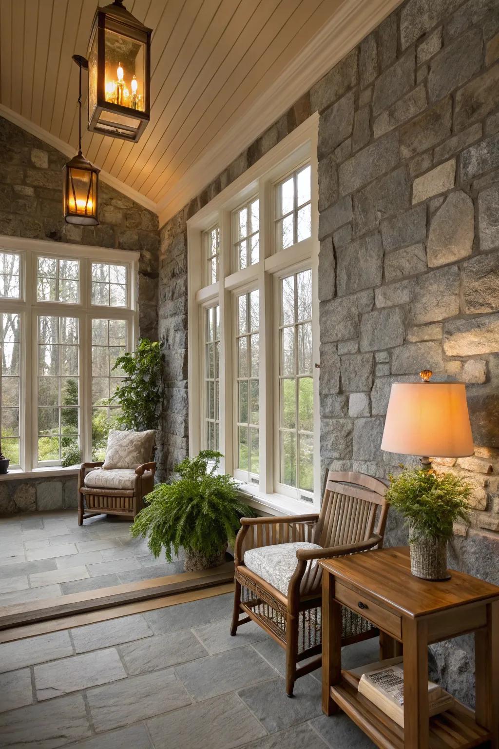 Boulder gray walls in a sunroom mirroring the elegance of natural stone.