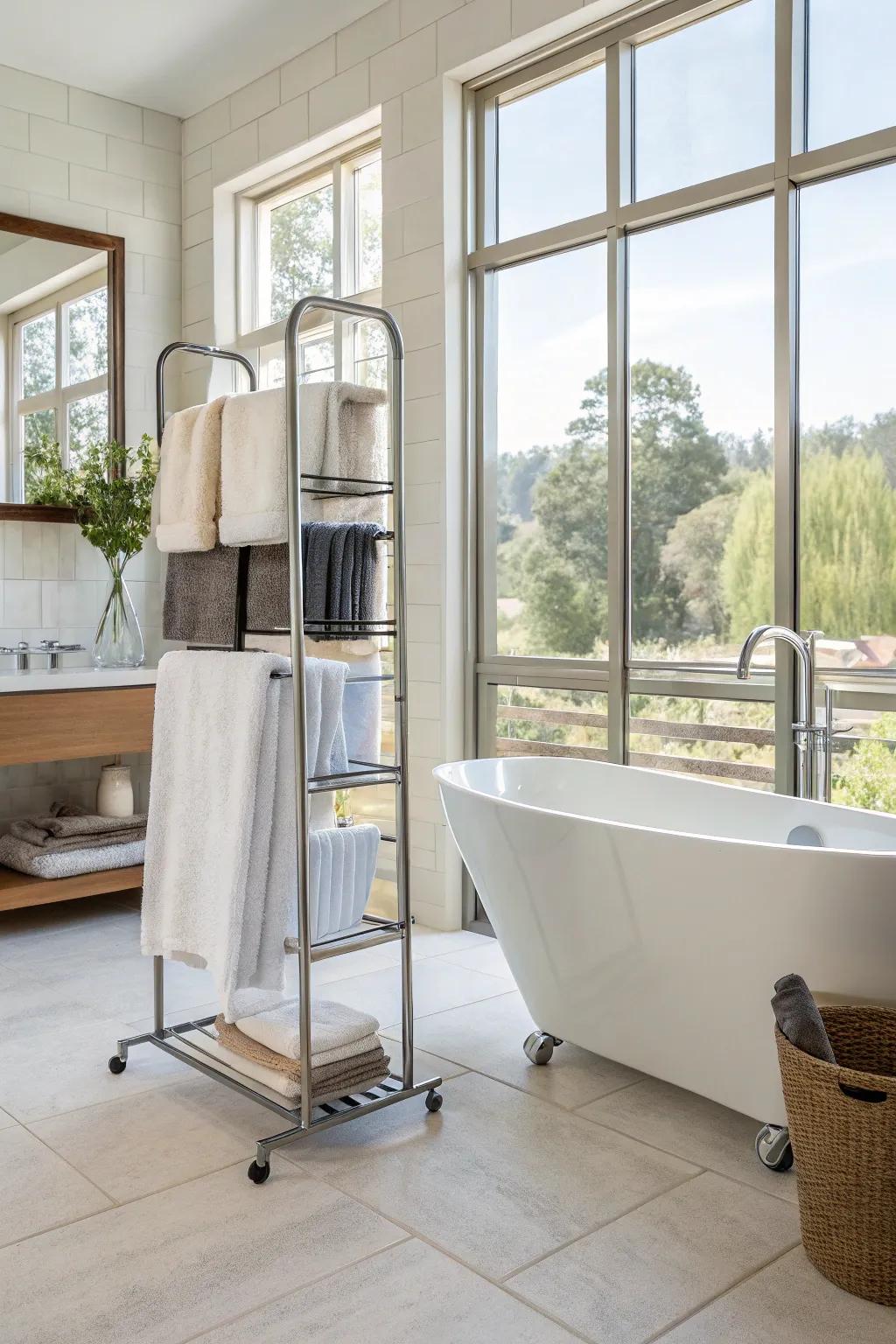 Feel flexibility with a standalone towel stand, great for adaptable storage choices.