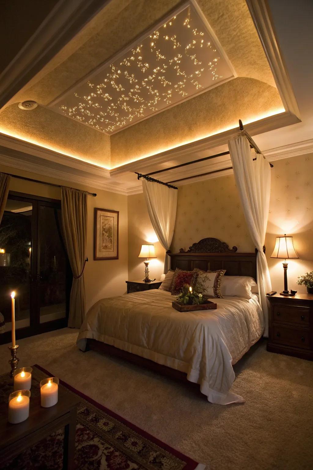 A romantic room featuring a tray ceiling with cove lighting.