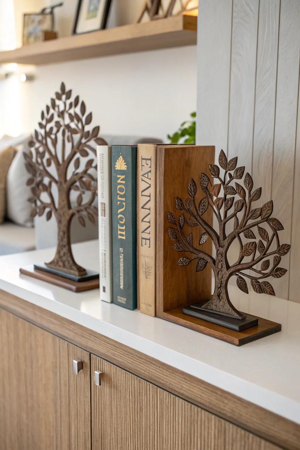 Arbor Vitae bookends contribute a unique touch to a fashionable bookshelf.