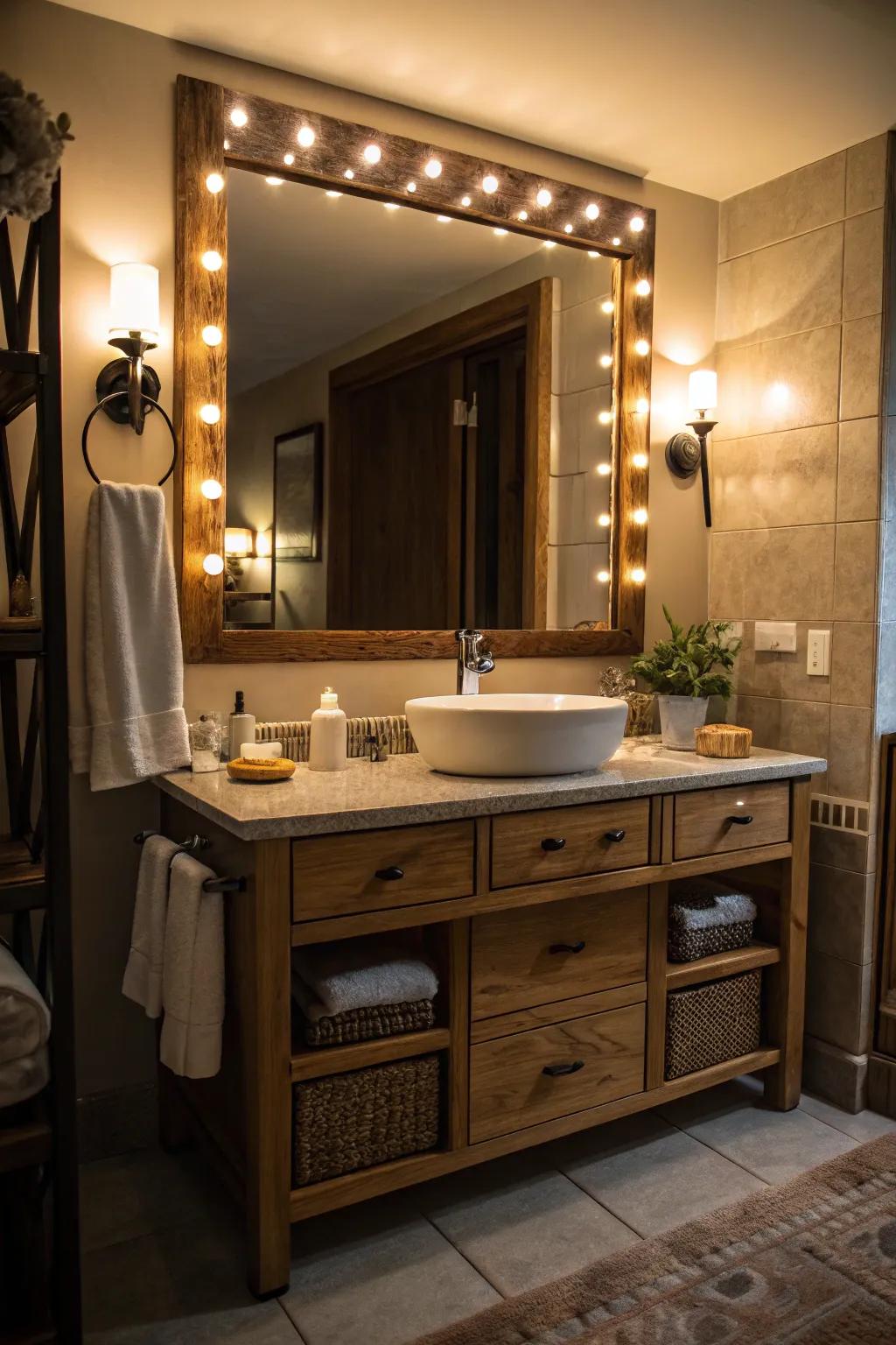 A bathroom vanity featuring ambient lighting for a polished, ambient ambiance.