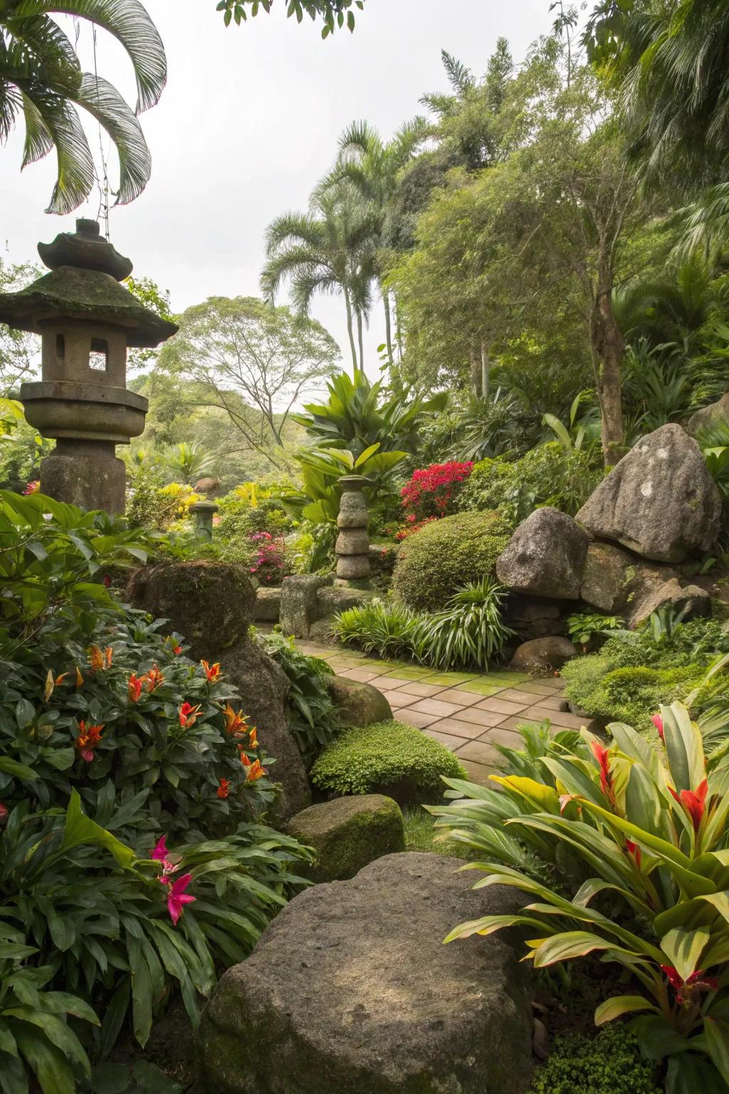 Organic rock forms inject an earthy touch into the tropical sanctuary.